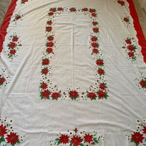 Vintage Retro Christmas Rectangular Tablecloth Poinsettia Holly White 80"x60"